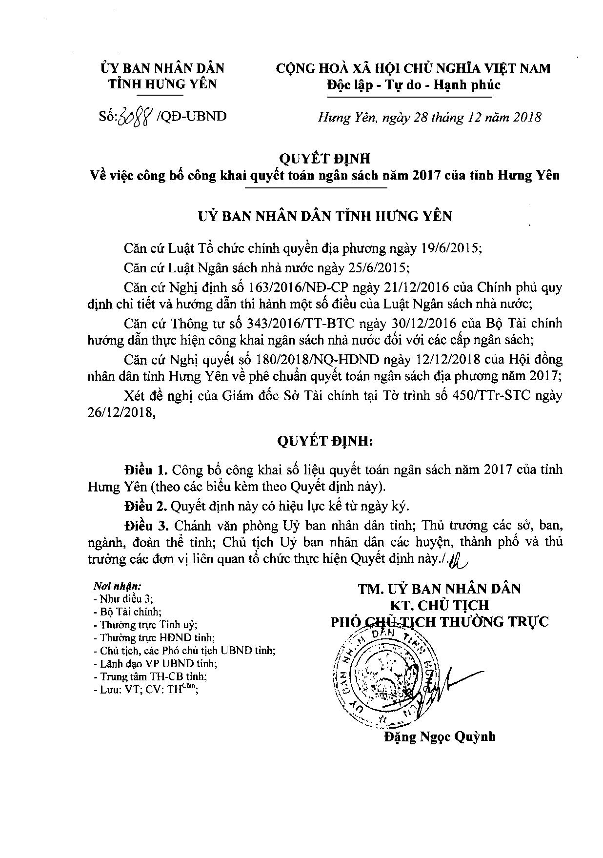 Công bố công khai quyết toán ngân sách năm 2017 của tỉnh Hưng Yên